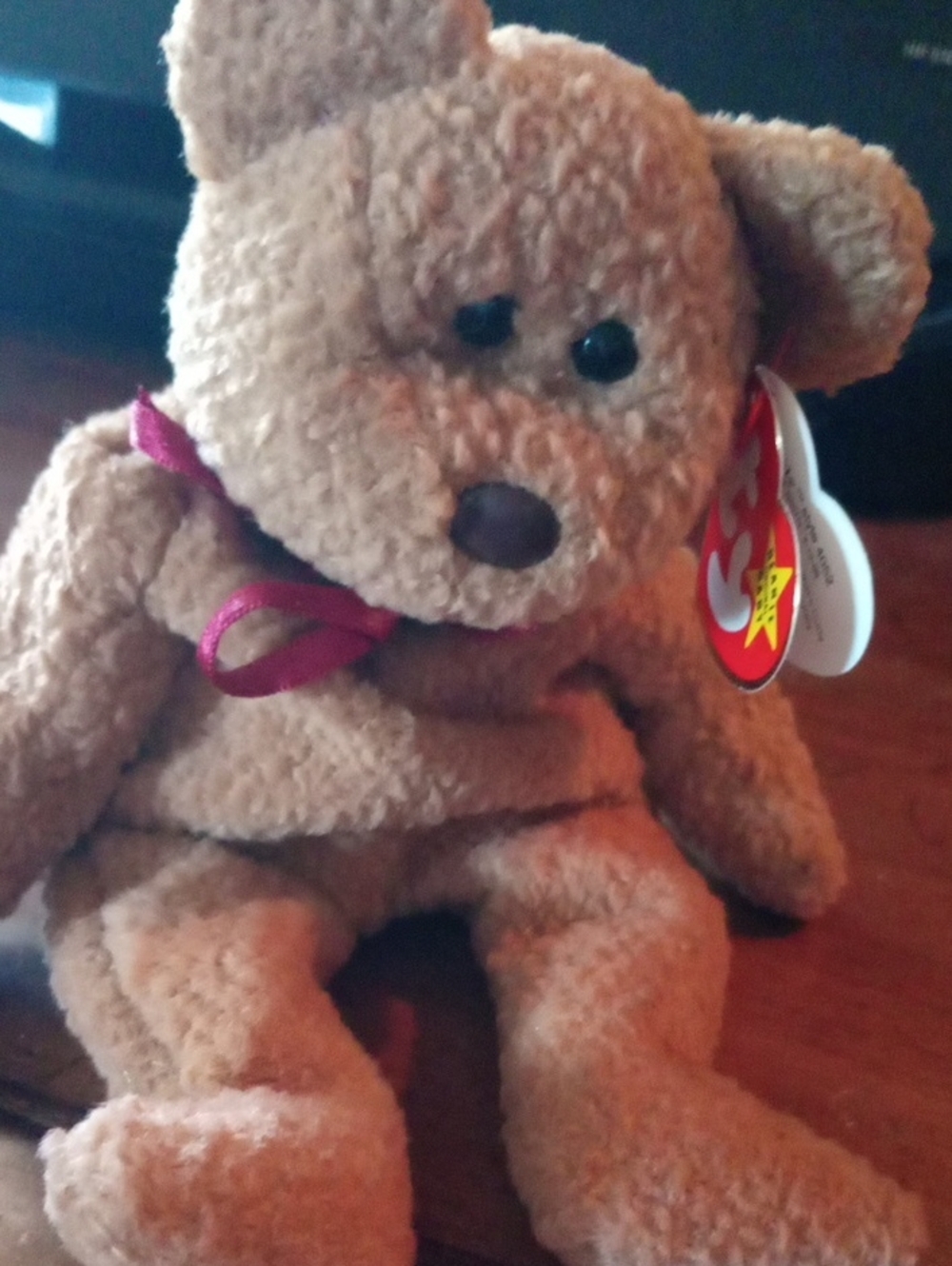 Ty Plush Brown Teddy Bear with Burgundy Ribbon, 1996 Tush Tag